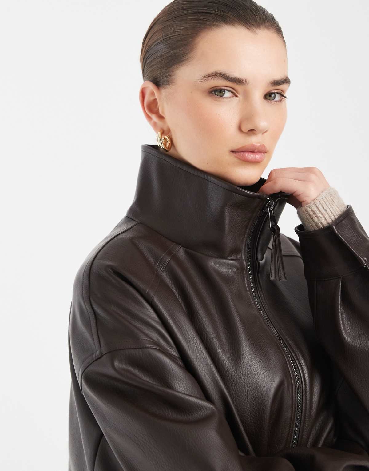 Bomber oversize en similicuir à col cheminée Chocolat