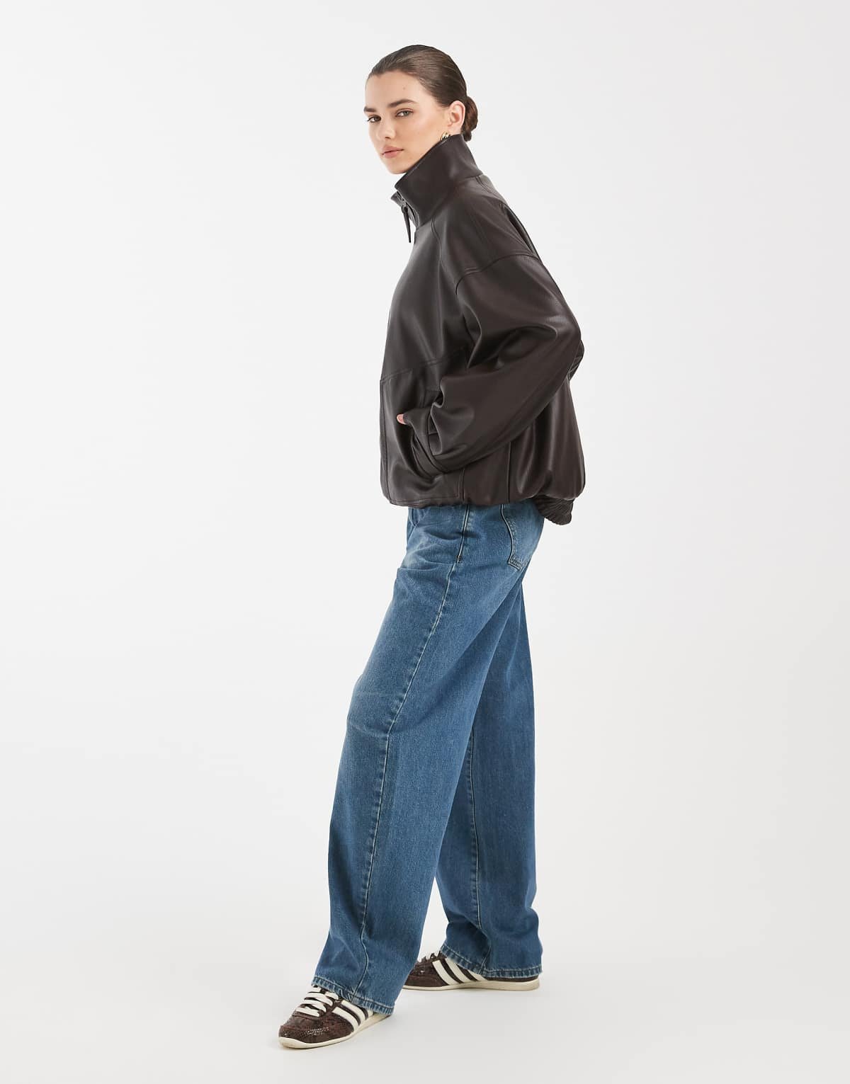 Bomber oversize en similicuir à col cheminée Chocolat