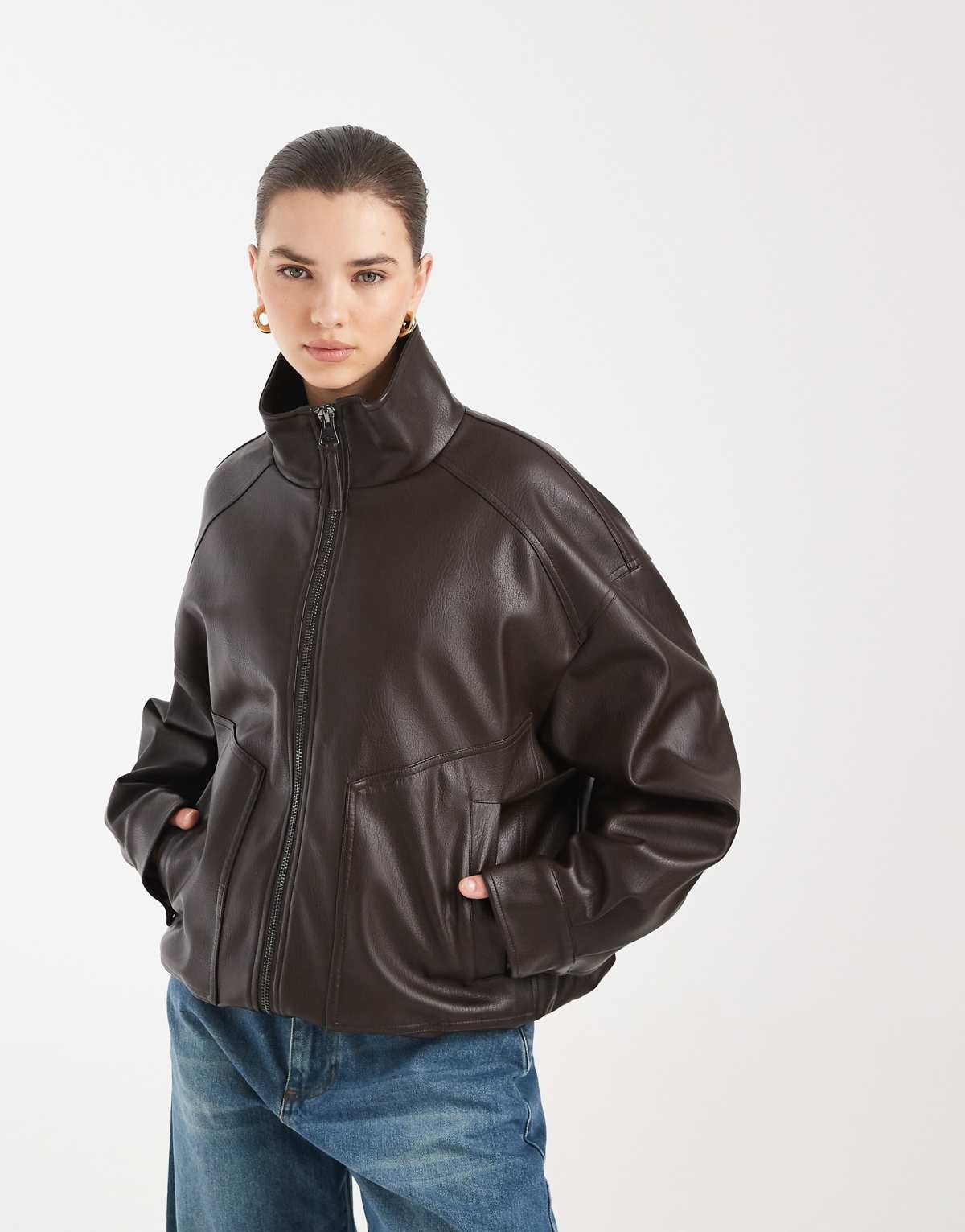 Bomber oversize en similicuir à col cheminée Chocolat