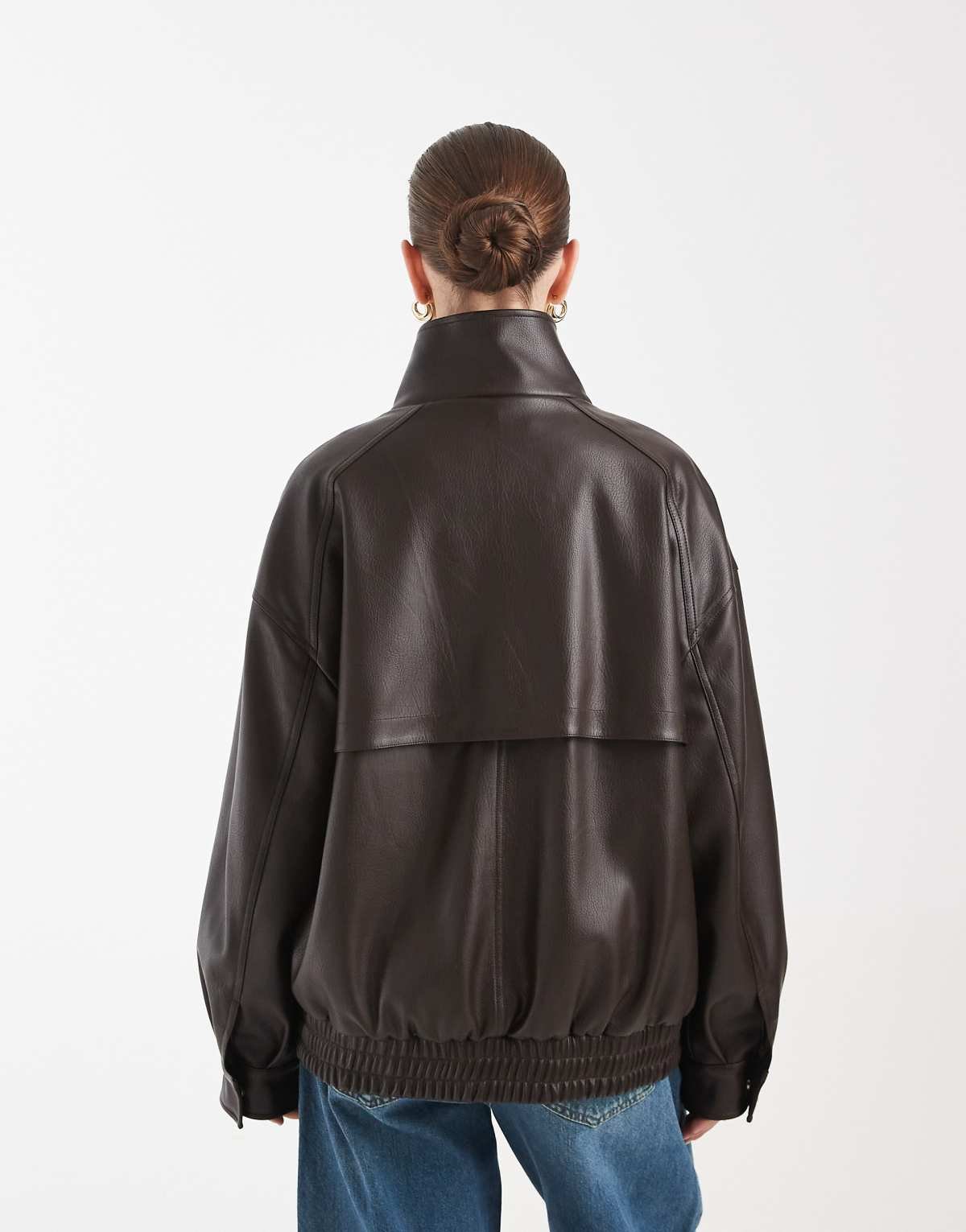Bomber oversize en similicuir à col cheminée Chocolat