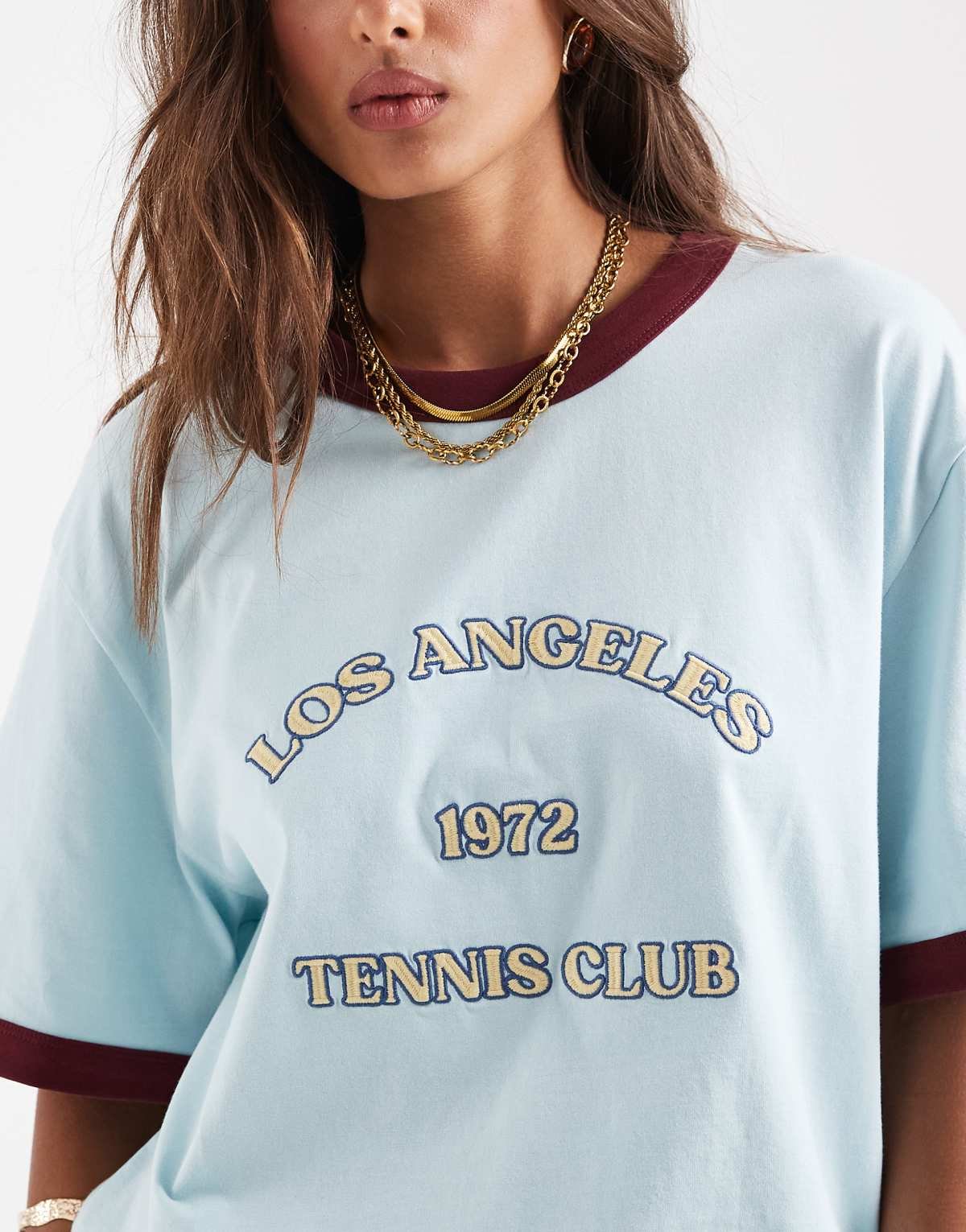 T-shirt oversize à bords contrastants et imprimé tennis LA Bleu