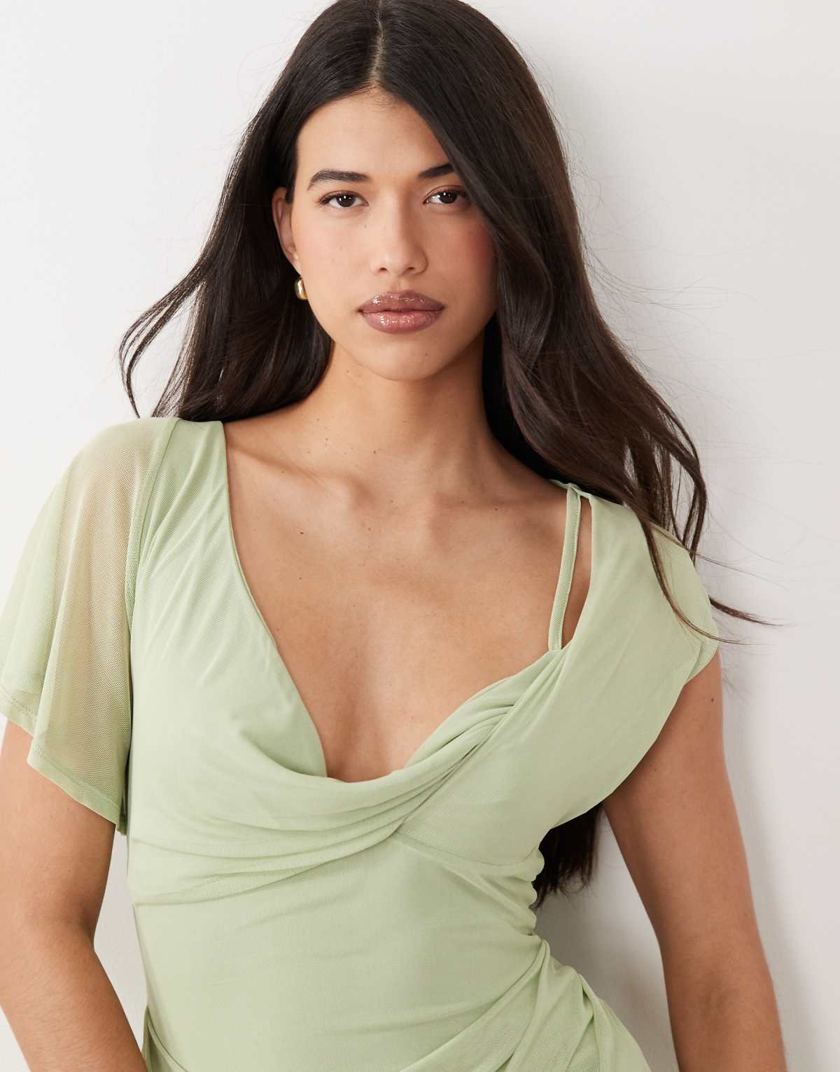 Robe longue drapée en tulle à manches asymétriques Vert sauge