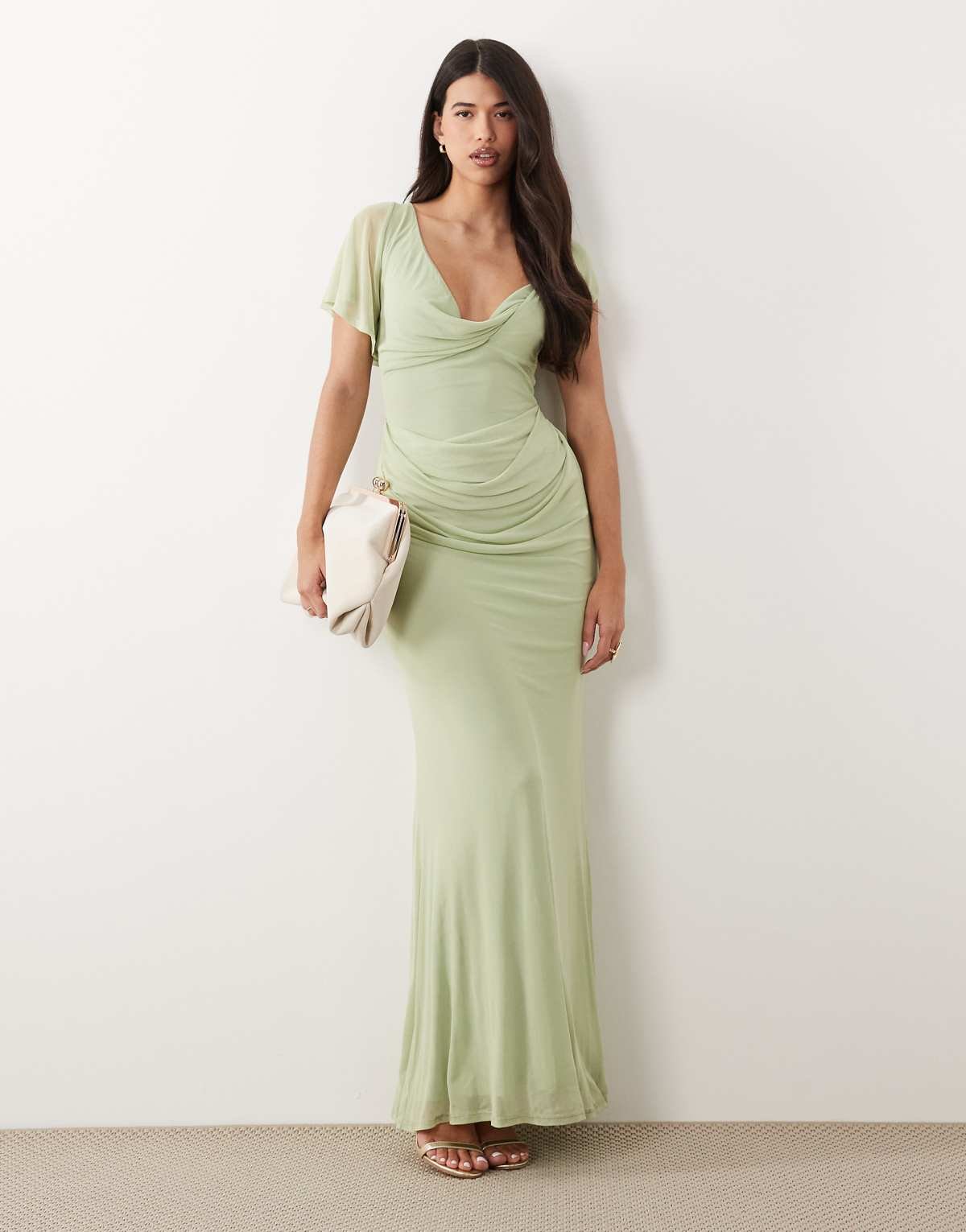 Robe longue drapée en tulle à manches asymétriques Vert sauge