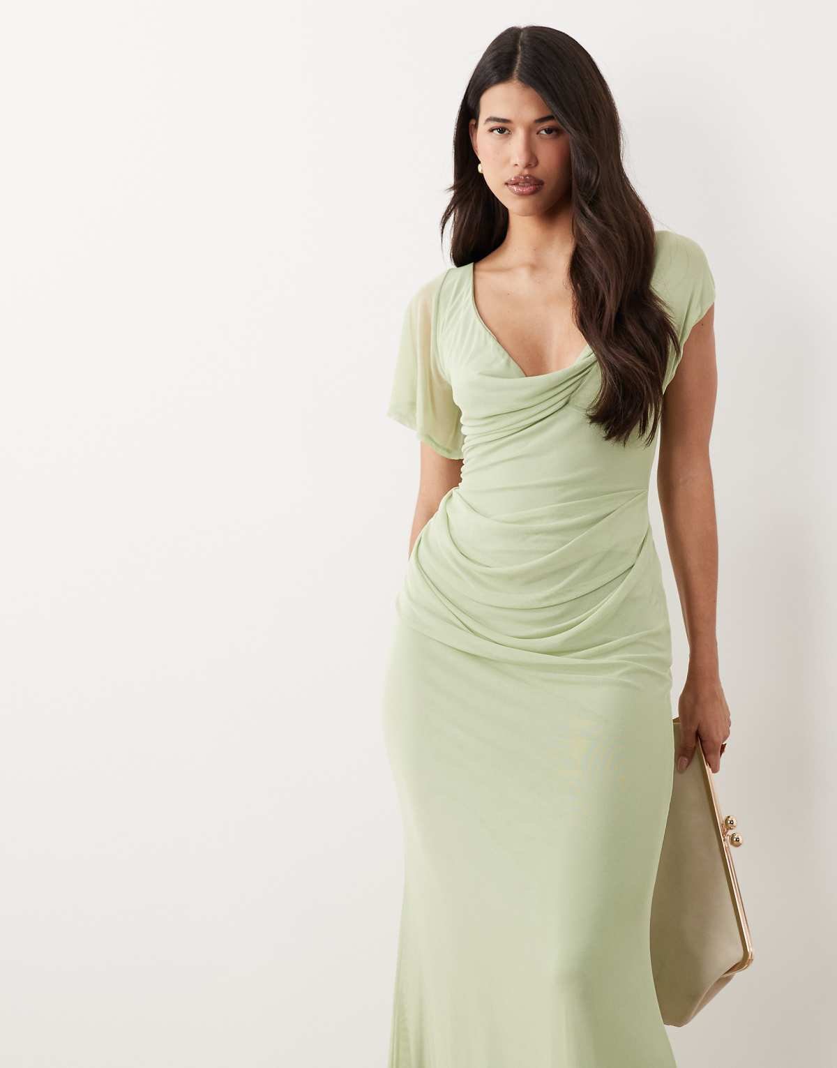 Robe longue drapée en tulle à manches asymétriques Vert sauge