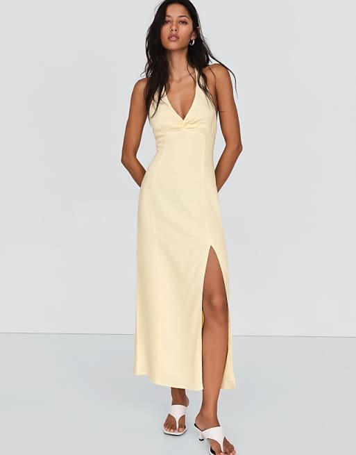 Robe mi-longue en lin mélangé à dos nu