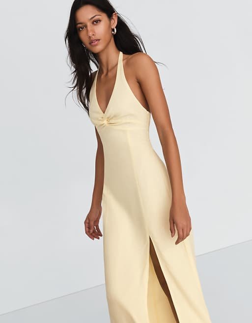 Robe mi-longue en lin mélangé à dos nu