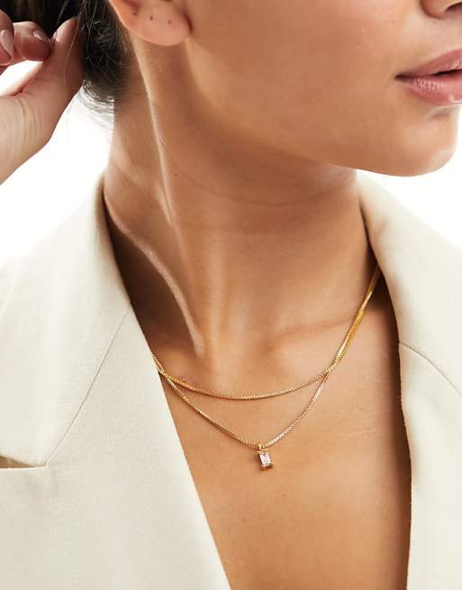 14k gold-plated multi-row necklace with cubic zirconia pendant and gift pouch