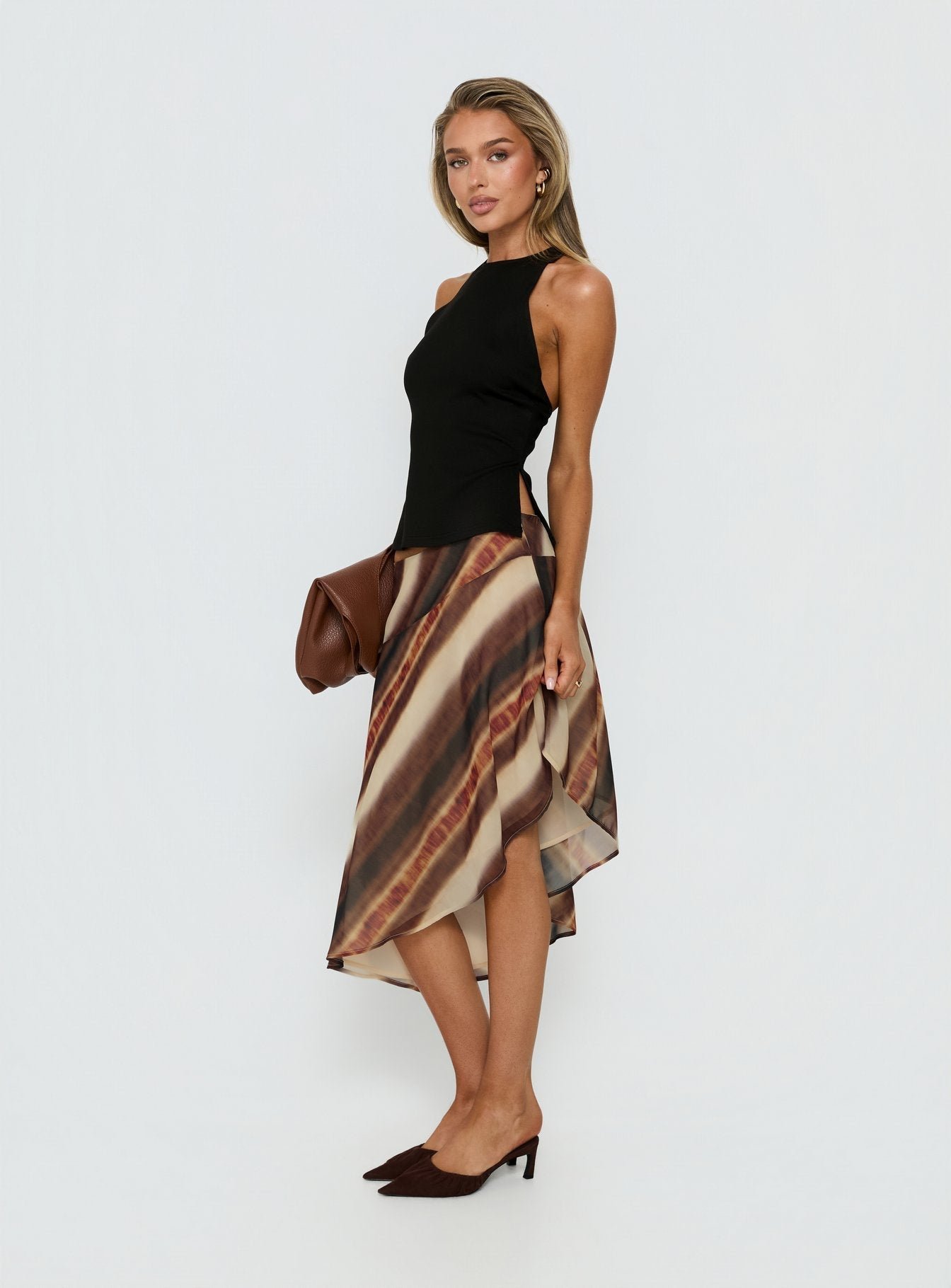 Esmira Asymmetrical Midi Skirt Brown Stripe