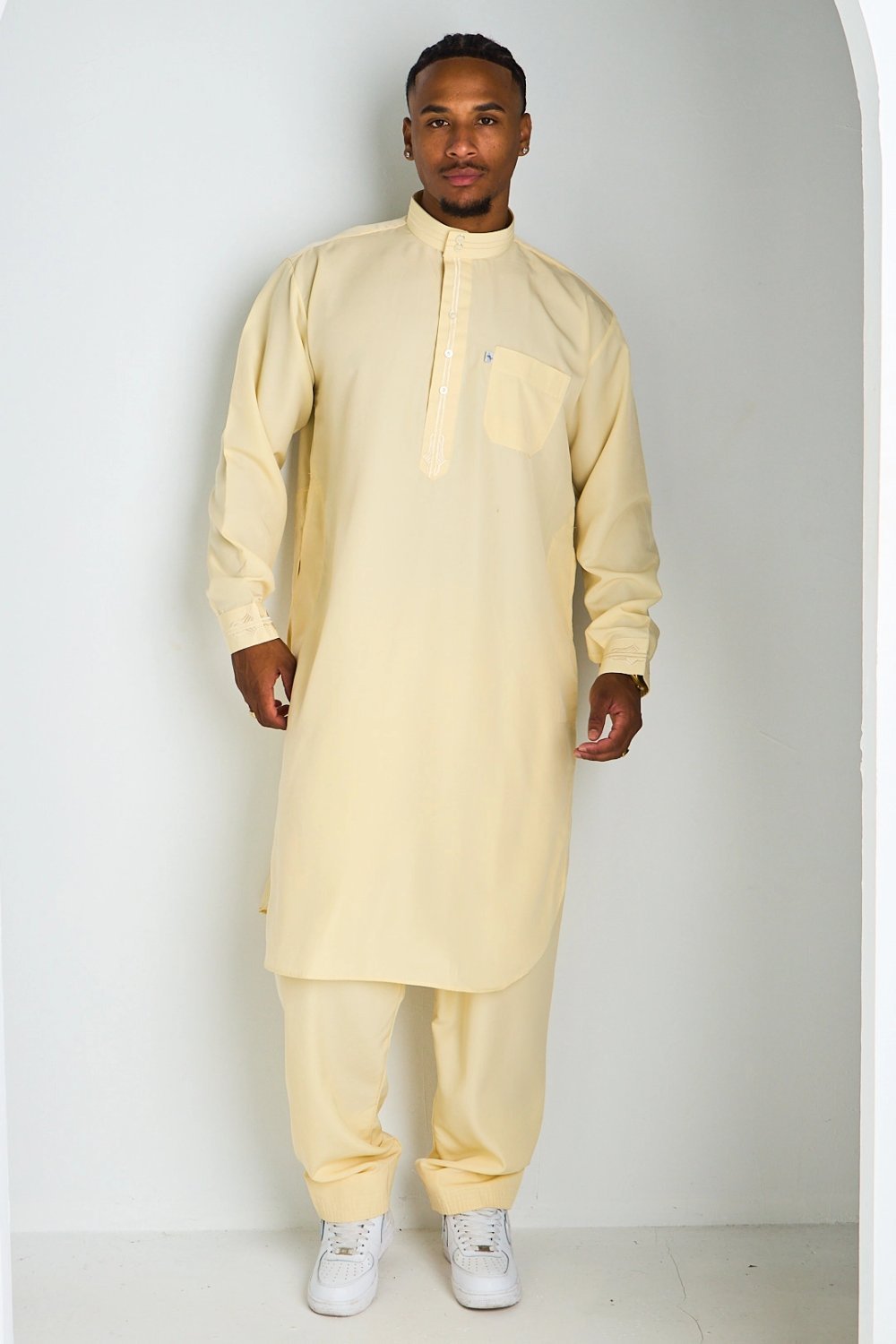 Yellow qamis and trousers set with patterned collar