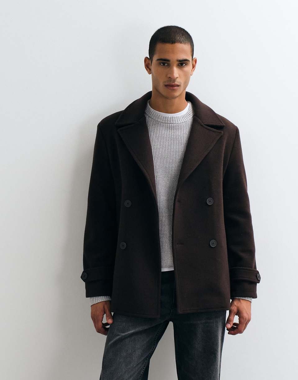 Faux Wool Double Breasted Jacket In Chocolate Brown