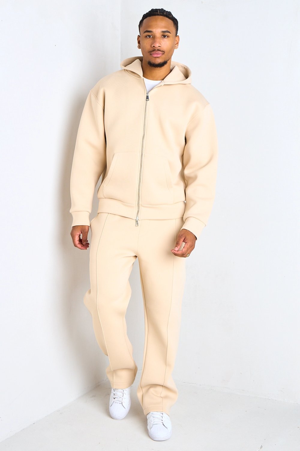 Beige hooded tracksuit with pleated joggers