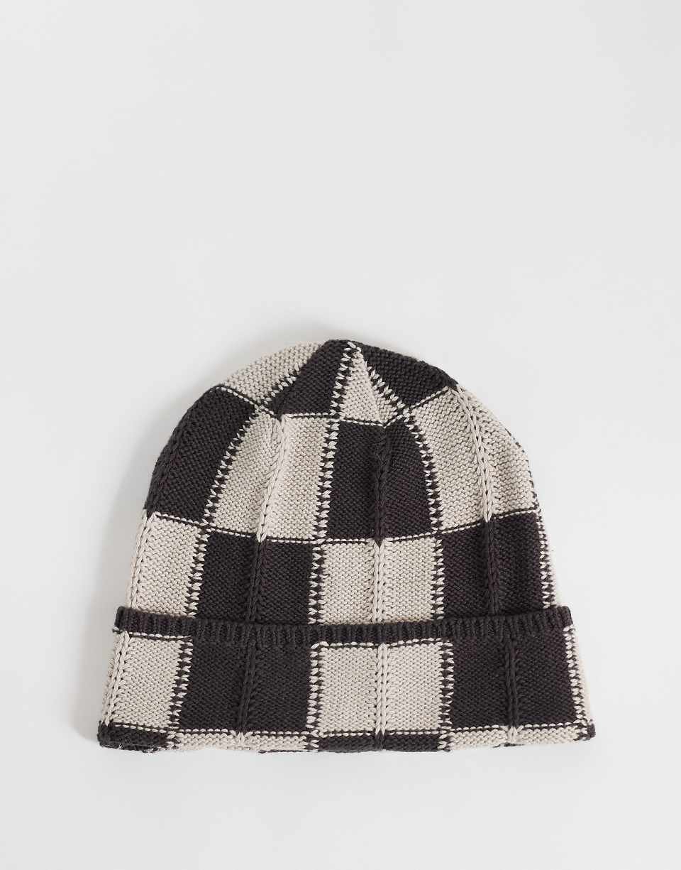Check knit beanie in dark brown and off-white