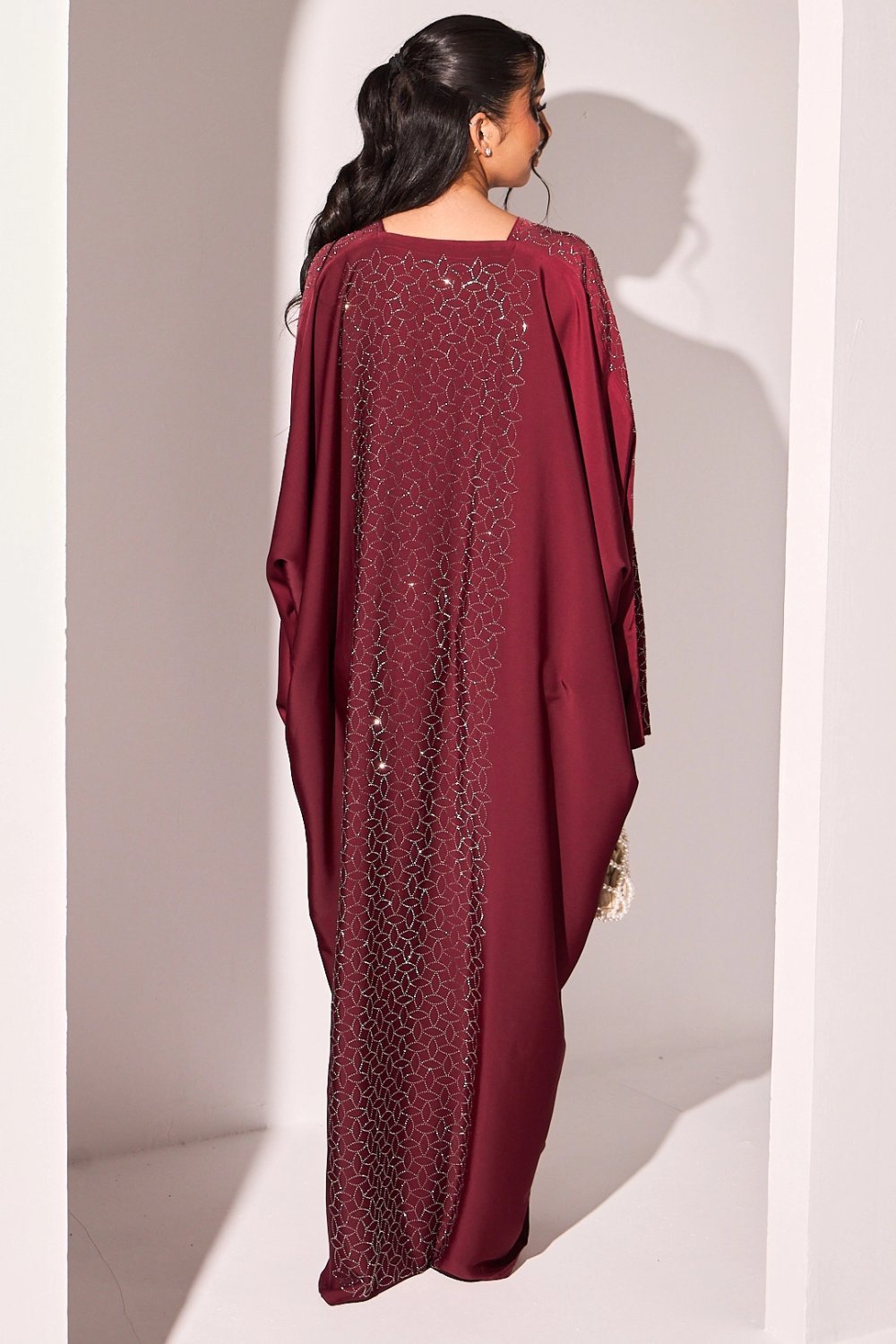 Abaya kimono bordeaux b strass wraq w voile