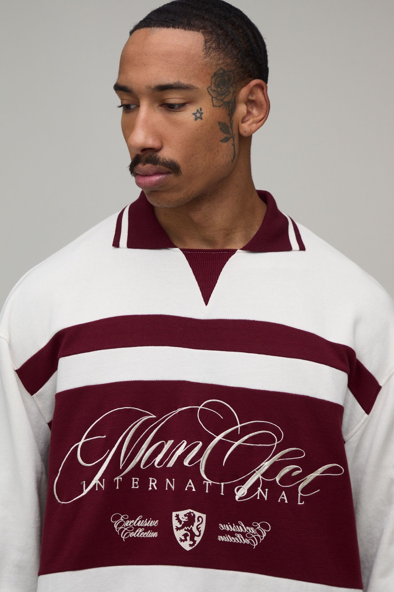 Oversized embroidered long sleeve rugby polo