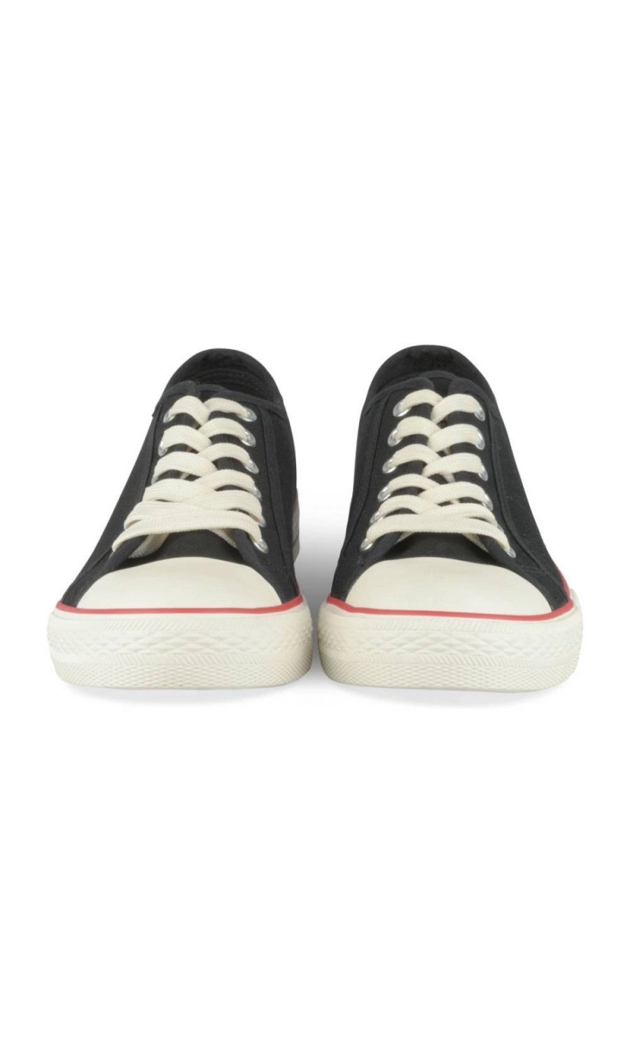 Black canvas sneakers with red stripe