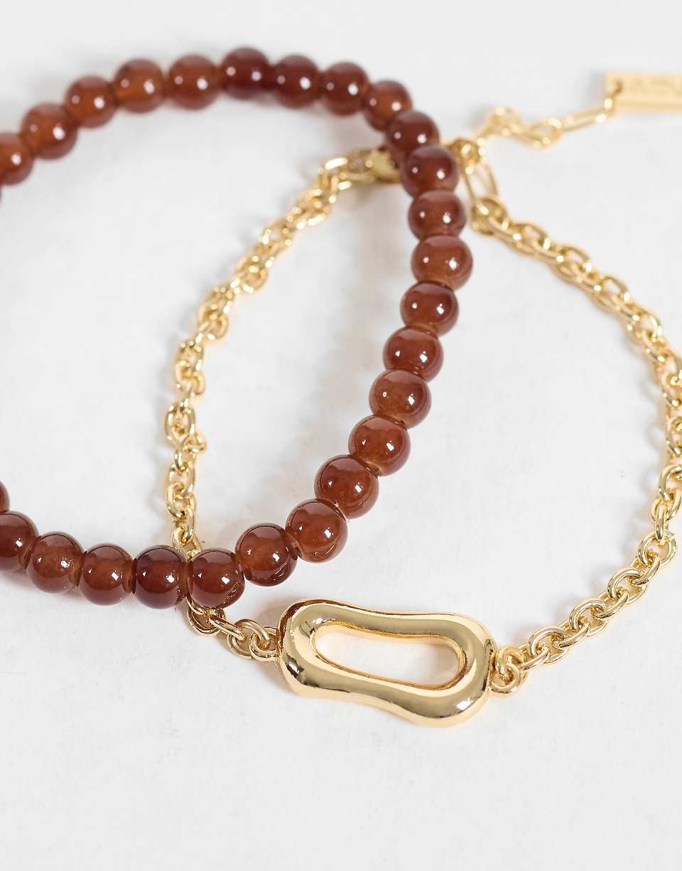 Lot de 2 bracelets chaîne à perles et maillons fondus dorés