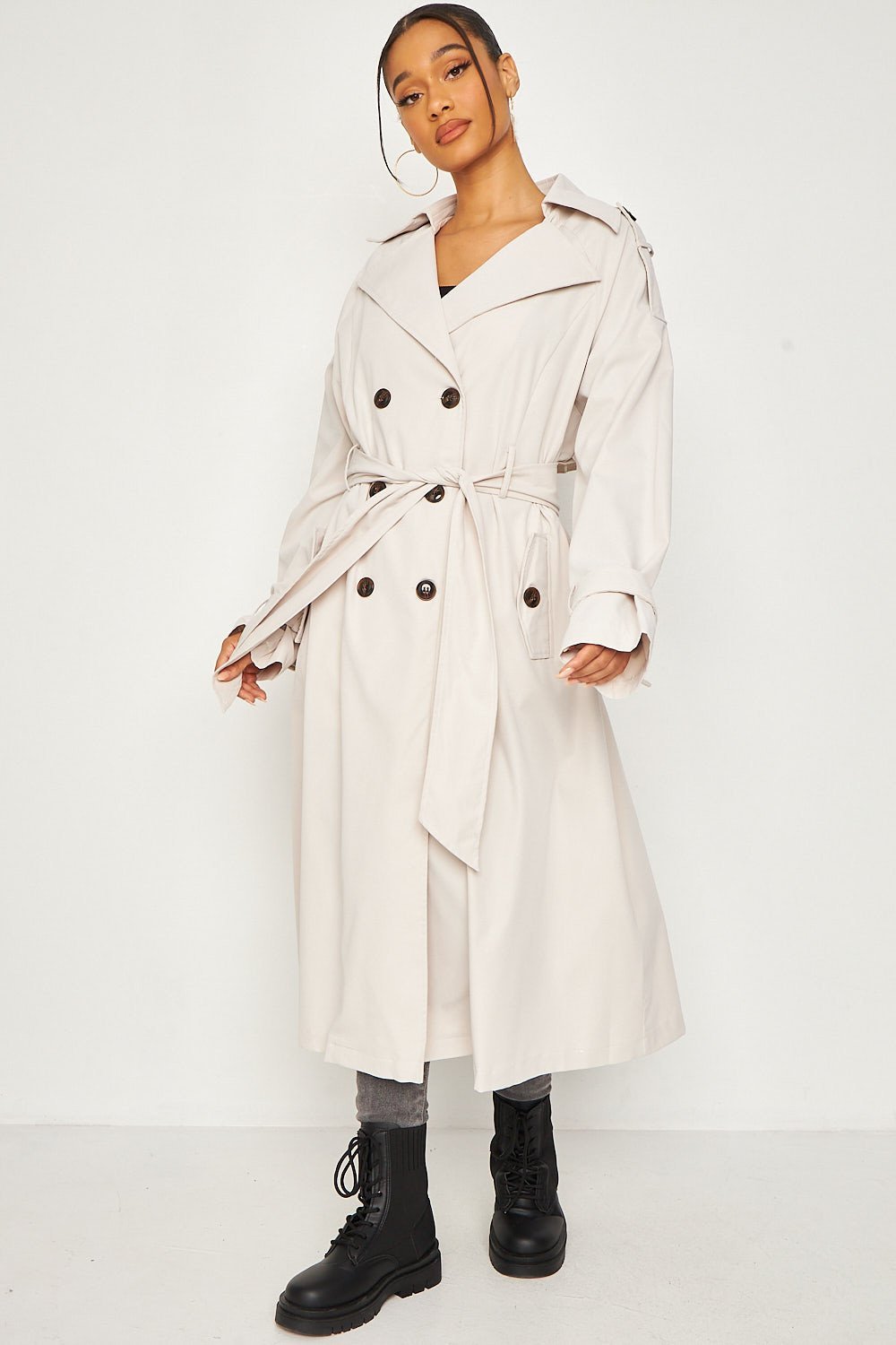 Beige plain belted trench coat