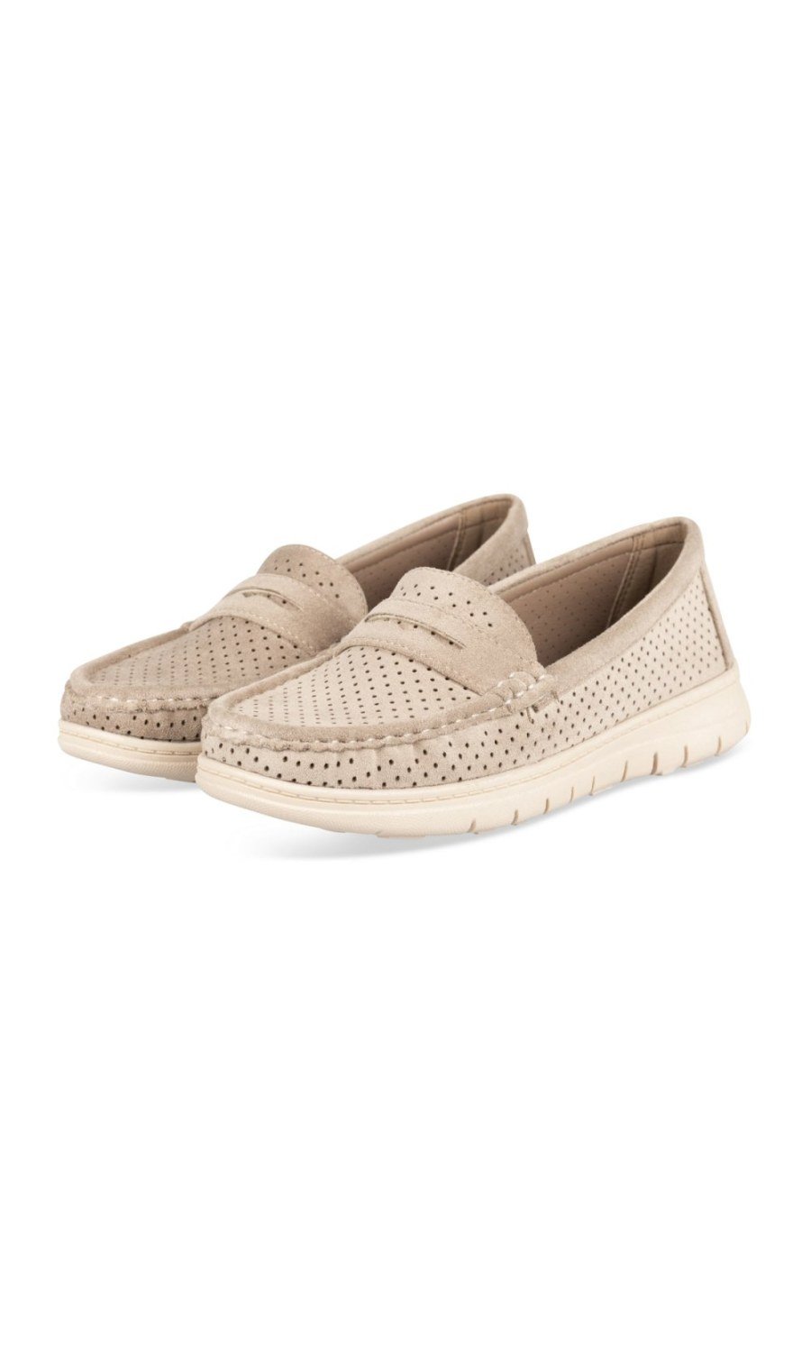 Beige perforated chunky-sole loafers
