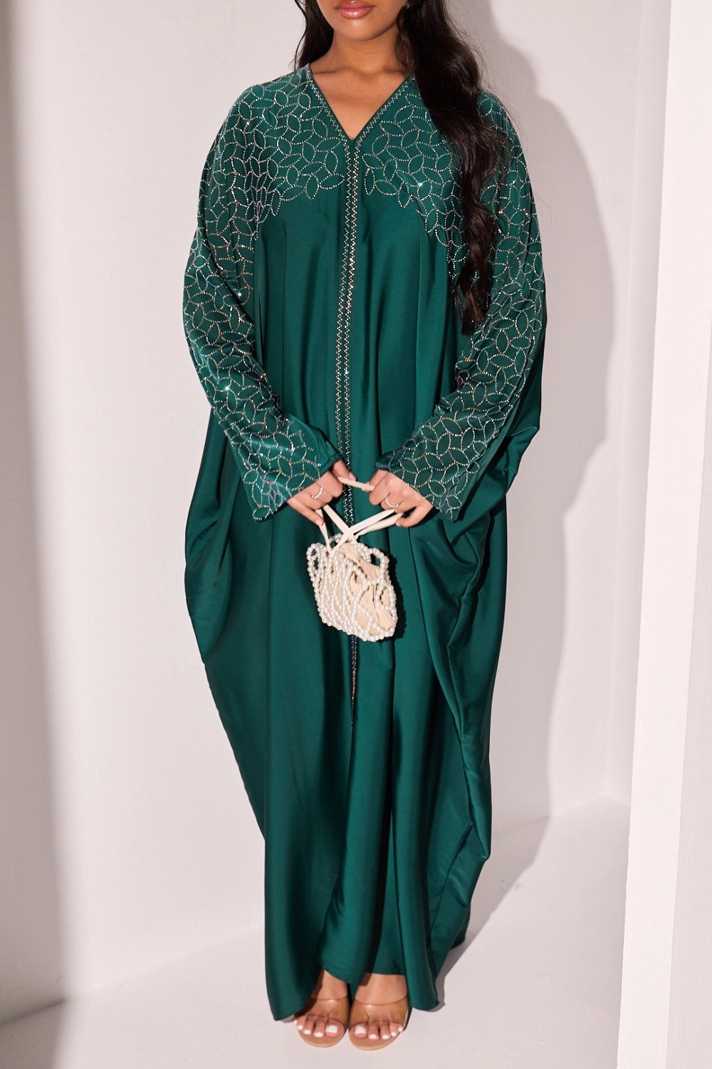 Dark green abaya with leaf rhinestones