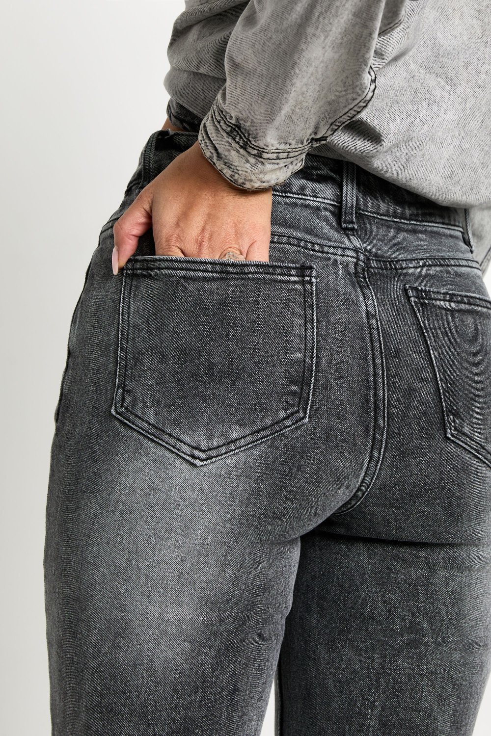 Grey high-waisted flared jeans