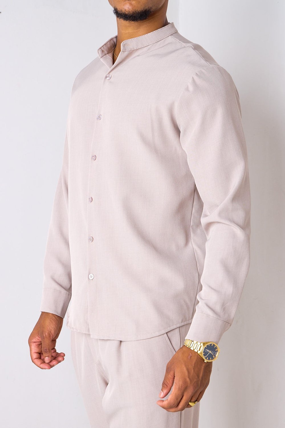 Taupe collarless shirt and trousers set