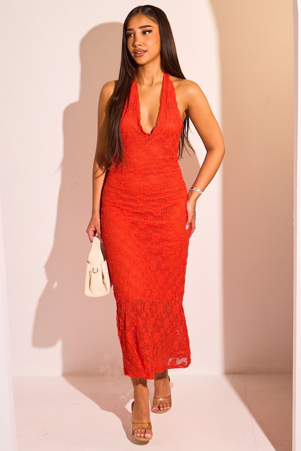 Floral cut-out lace maxi dress, red