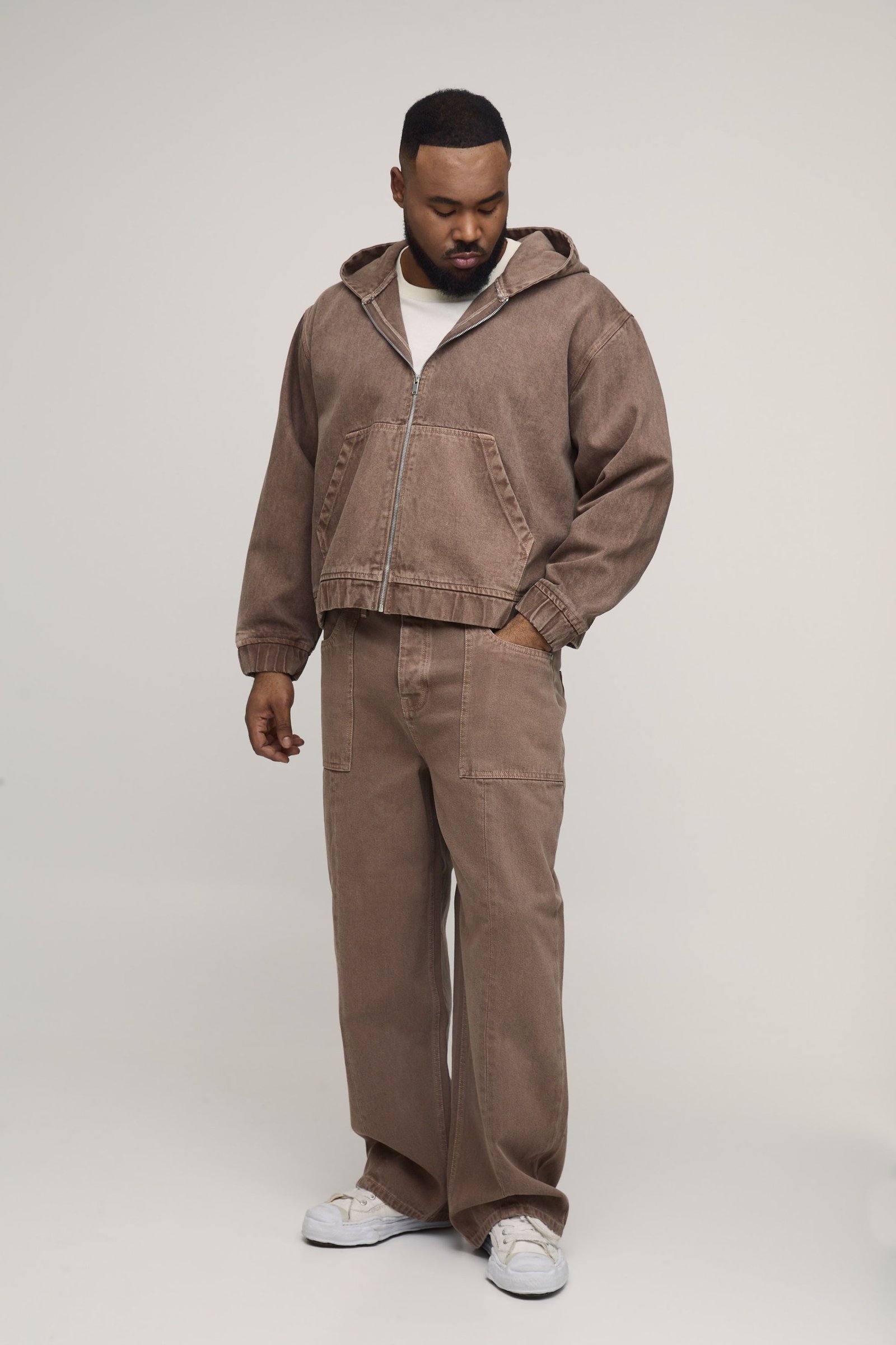 Sweat À Capuche Oversize Zippé En Denim Délavé Teinté Grande Taille