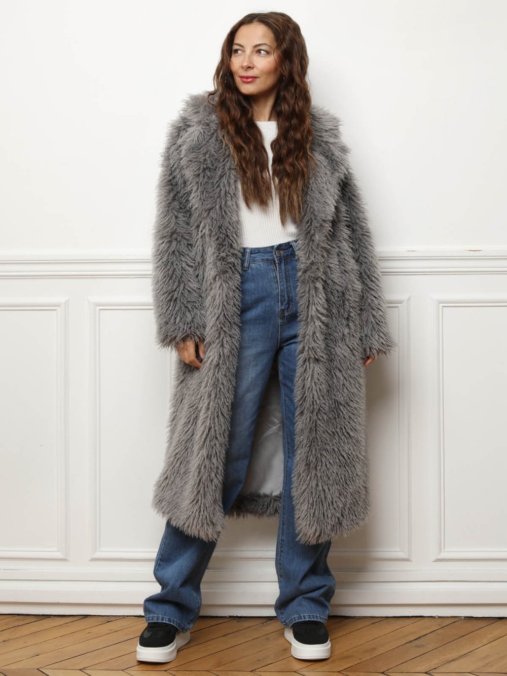 Manteau large b fausse fourrure gris