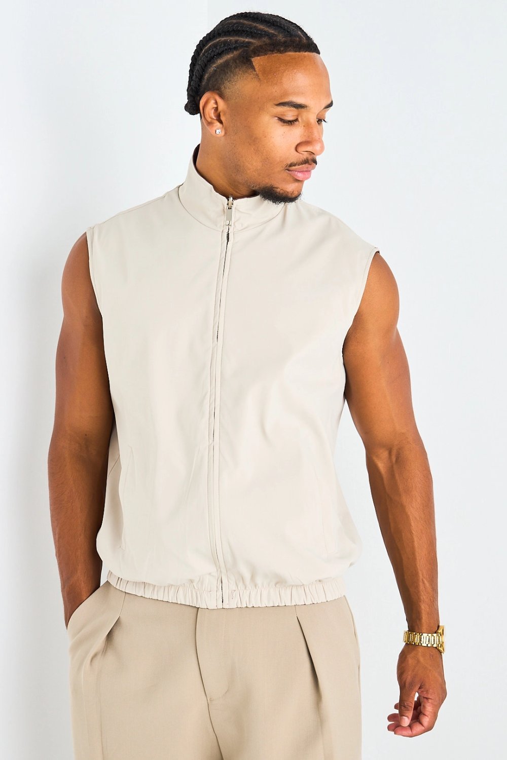 Burgundy and taupe reversible sleeveless jacket