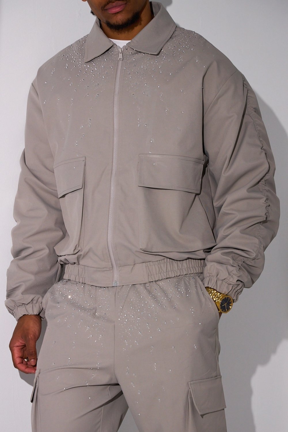 Beige rhinestone jacket and cargo joggers tracksuit