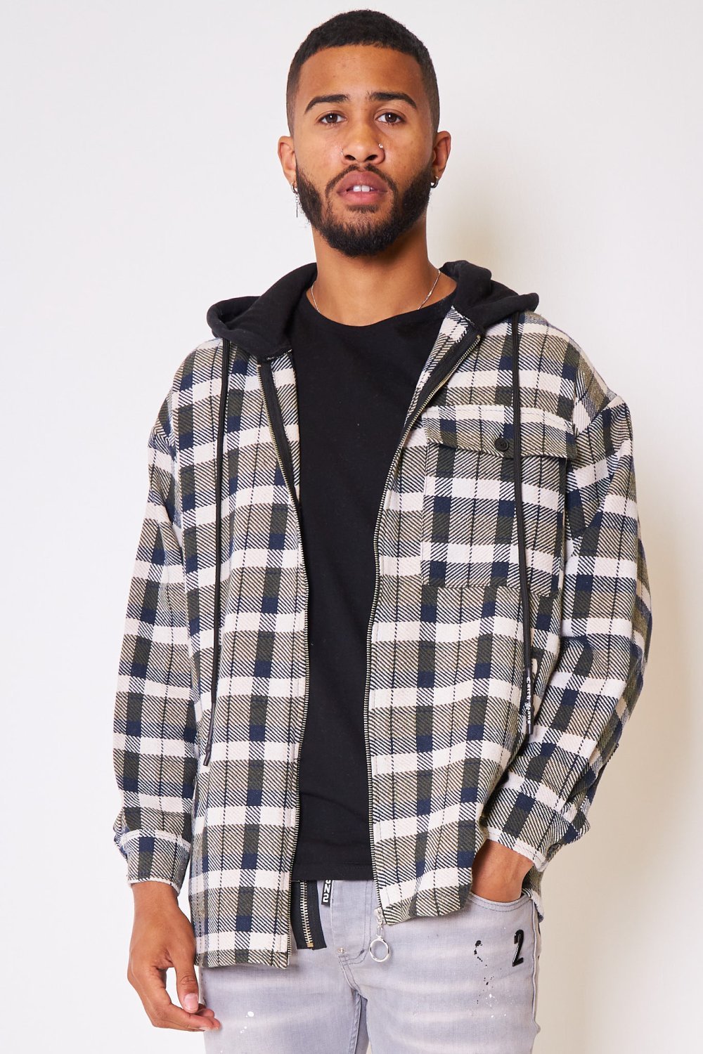 Green checked hooded jacket