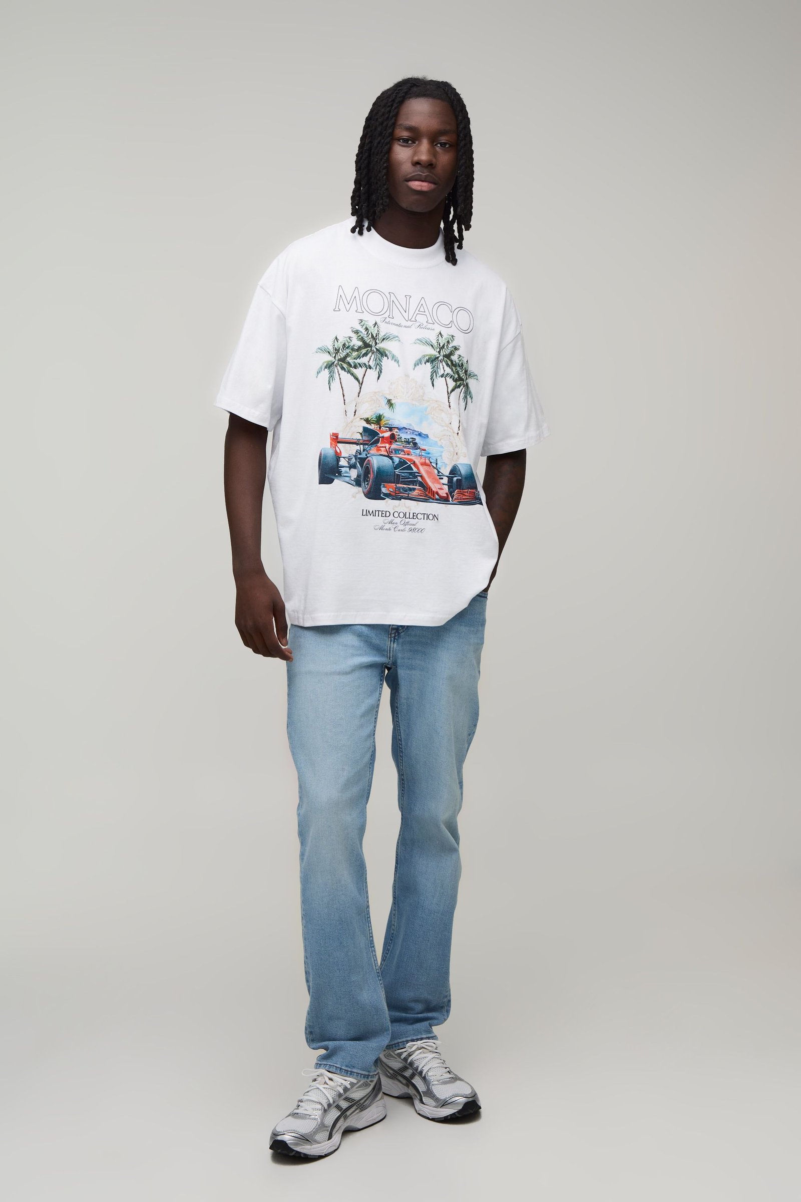 T-shirt oversize byed b imprimé course dyal Monaco