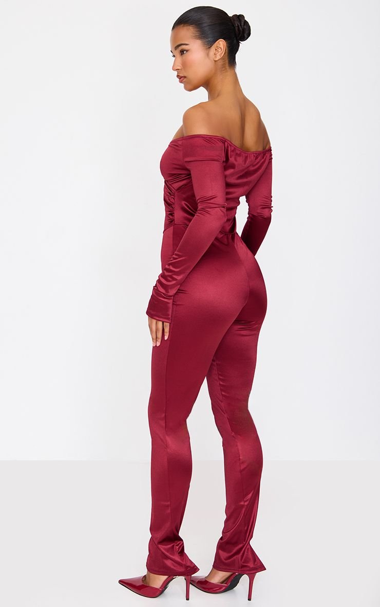 Satin Bardot split hem jumpsuit