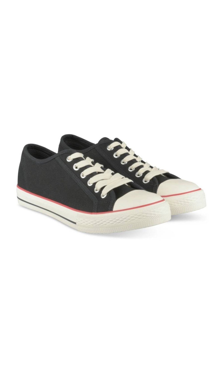 Black canvas sneakers with red stripe