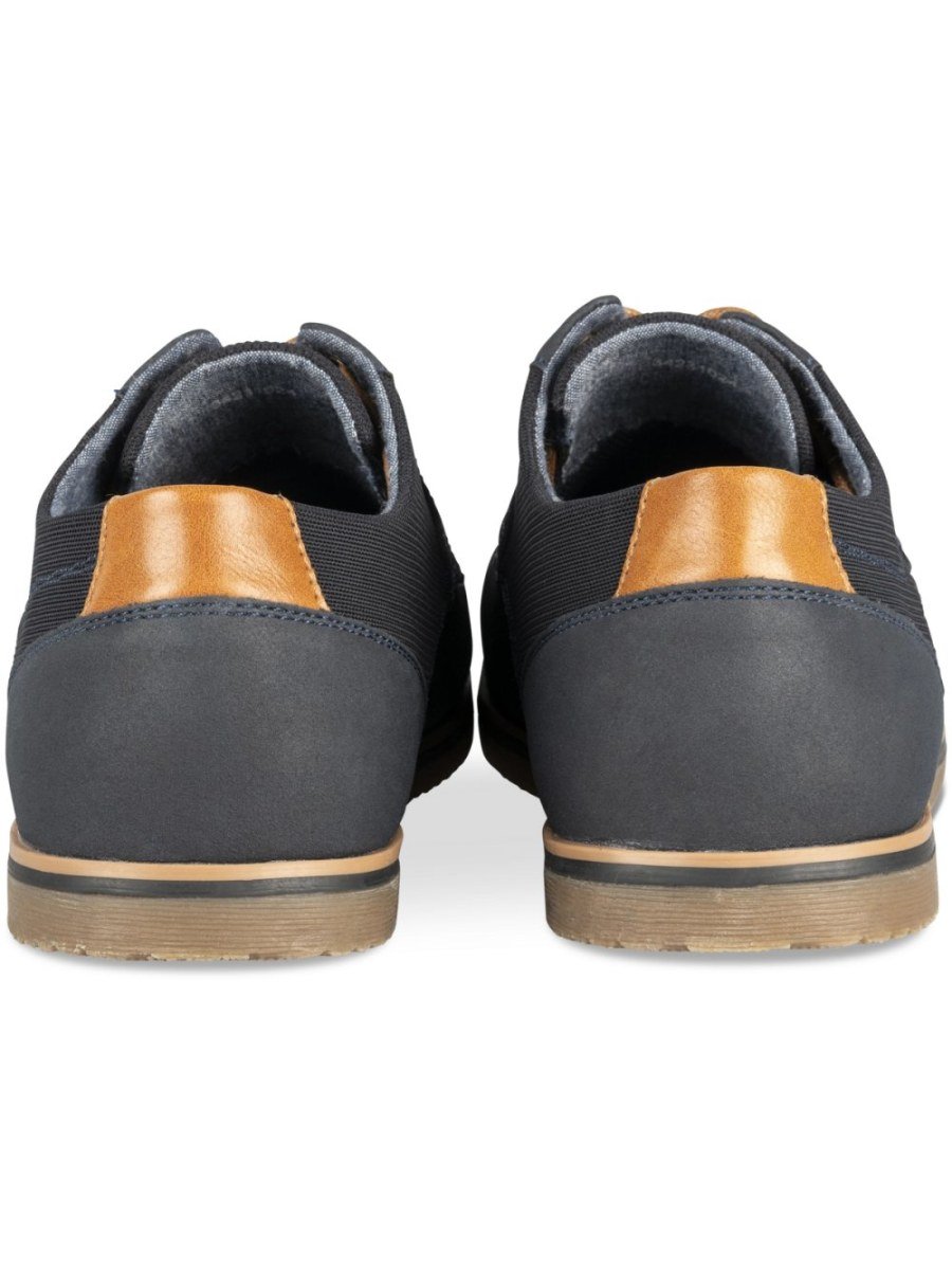 Navy casual derbies, tan laces