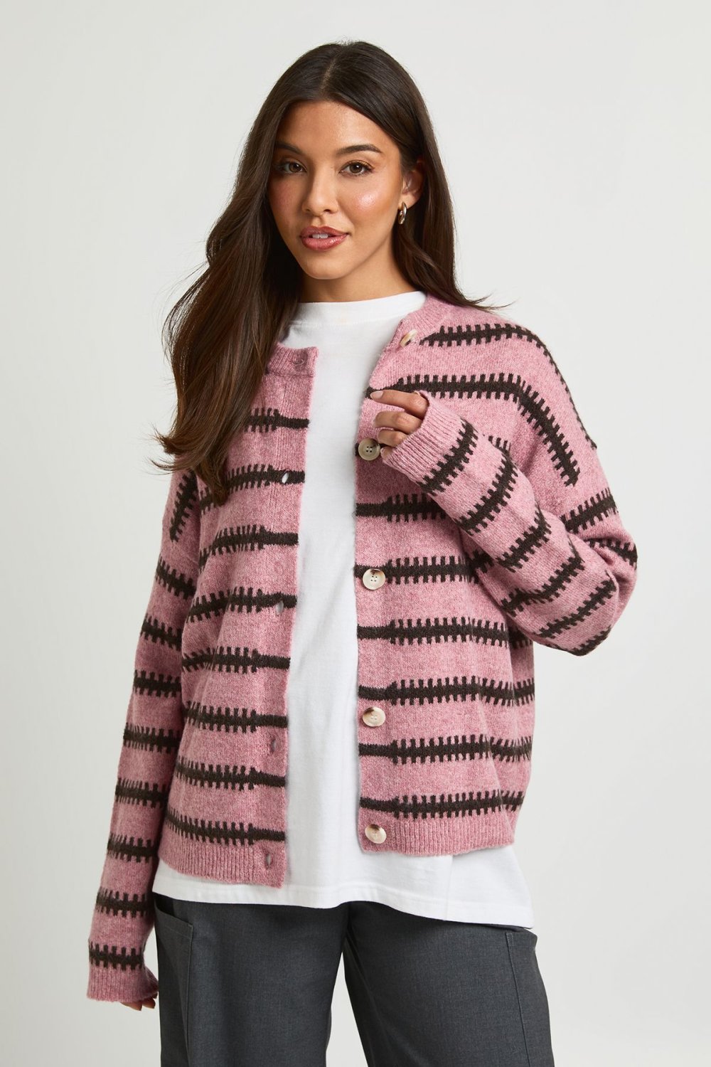 Pink cardigan with chocolate stripes