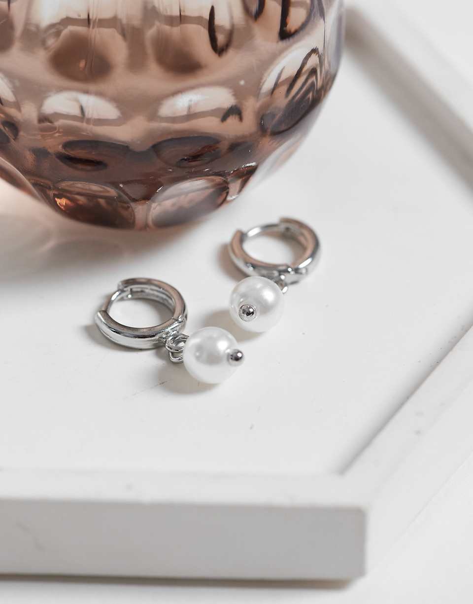 Silver huggie hoop drop earrings with faux pearls