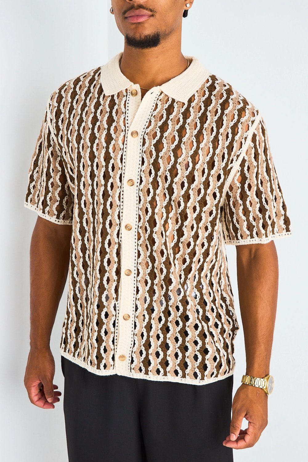 Chemise en crochet bicolore marron et taupe
