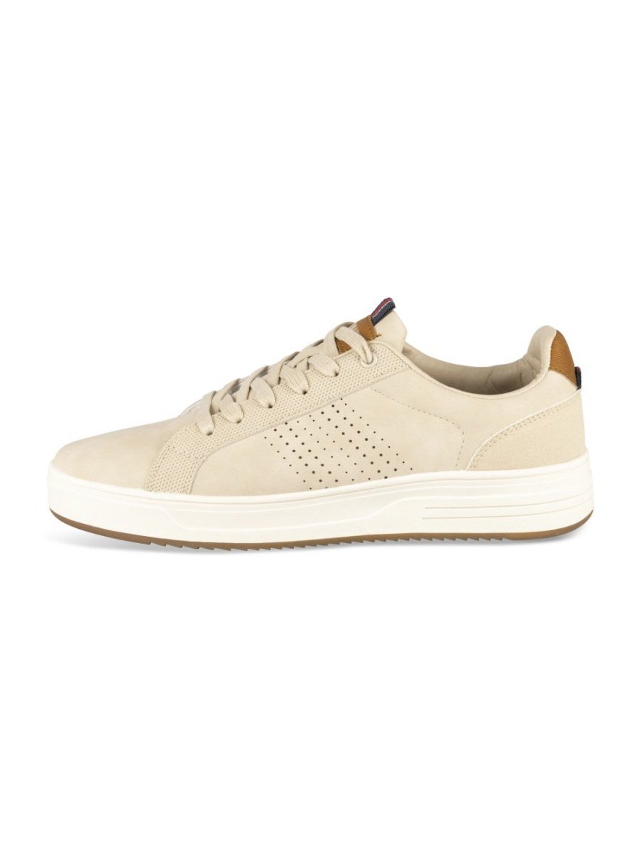 Beige perforated sneakers with tan heel tab