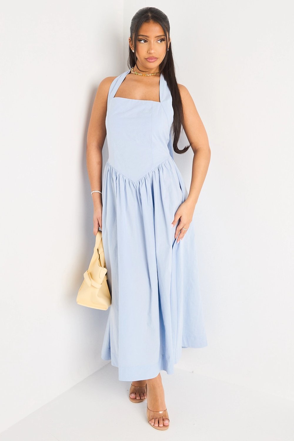 Robe longue dos nu col carré bleue