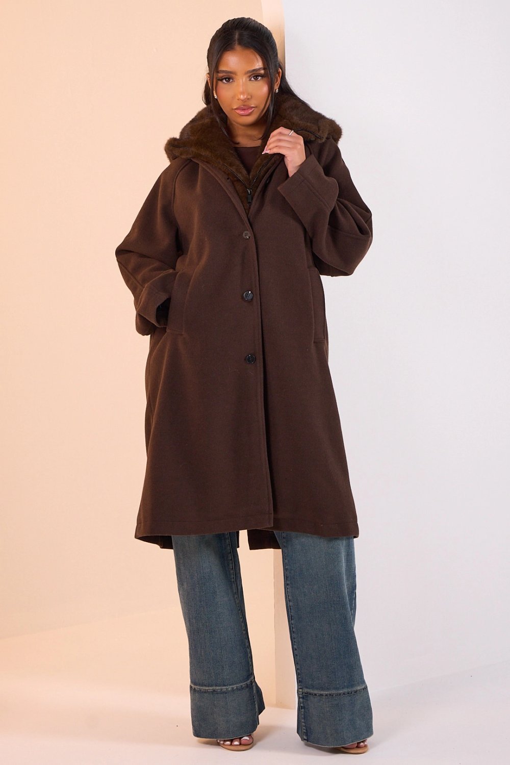 Brown long coat with fluffy hood