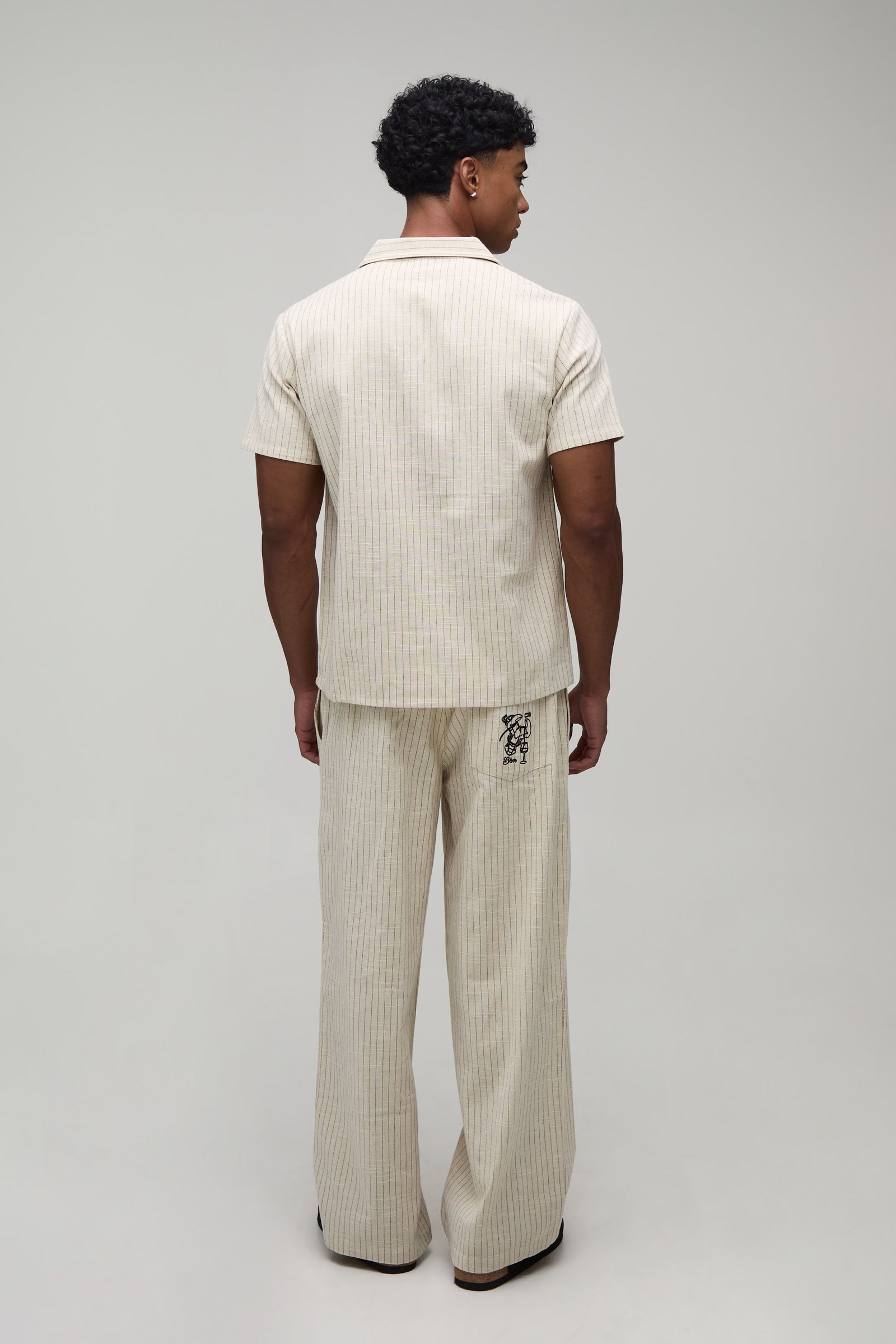 Pantalon Ample À Rayures En Mélange De Lin Avec Poche Brodée