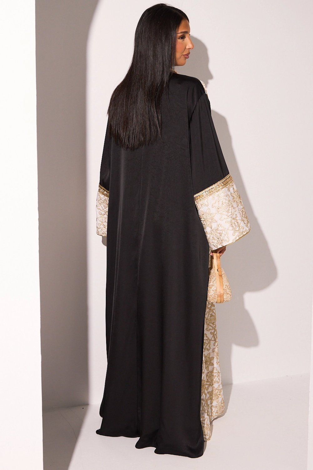 Satin abaya and black gold-trim kimono set