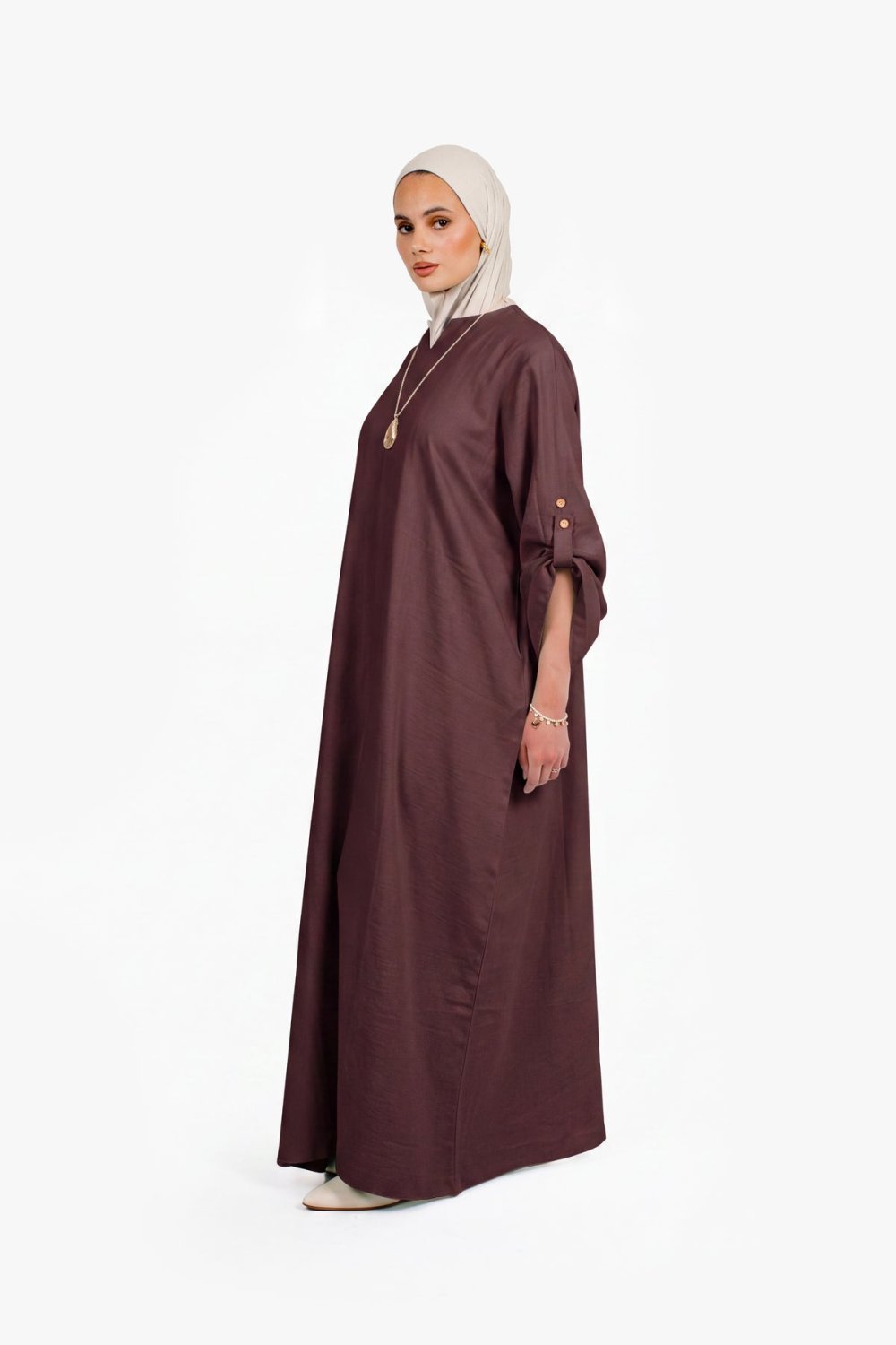 Button-sleeve linen cotton abaya - Chocolate