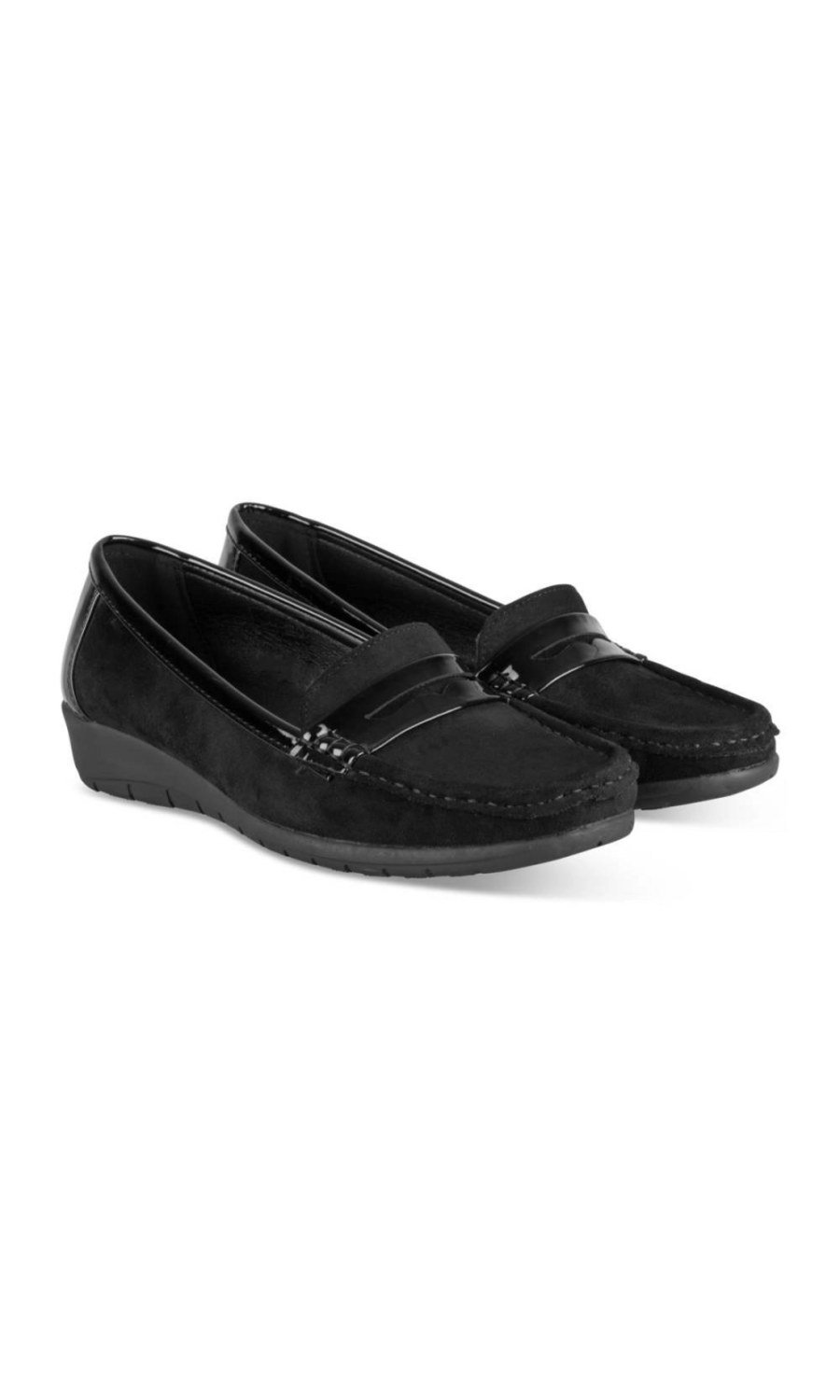 Black wedge loafers, faux suede and patent