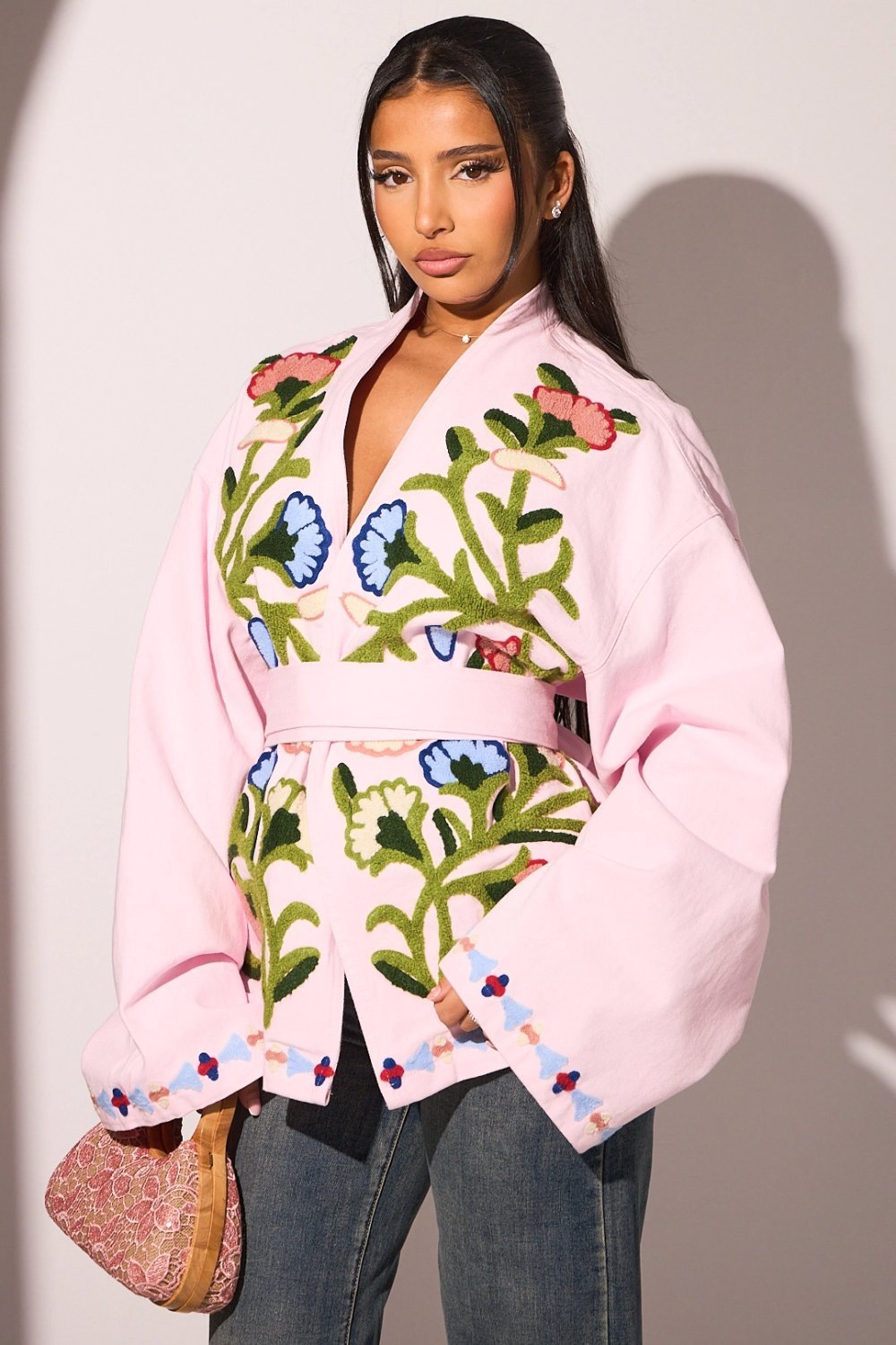 Pink belted kimono jacket with floral embroidery