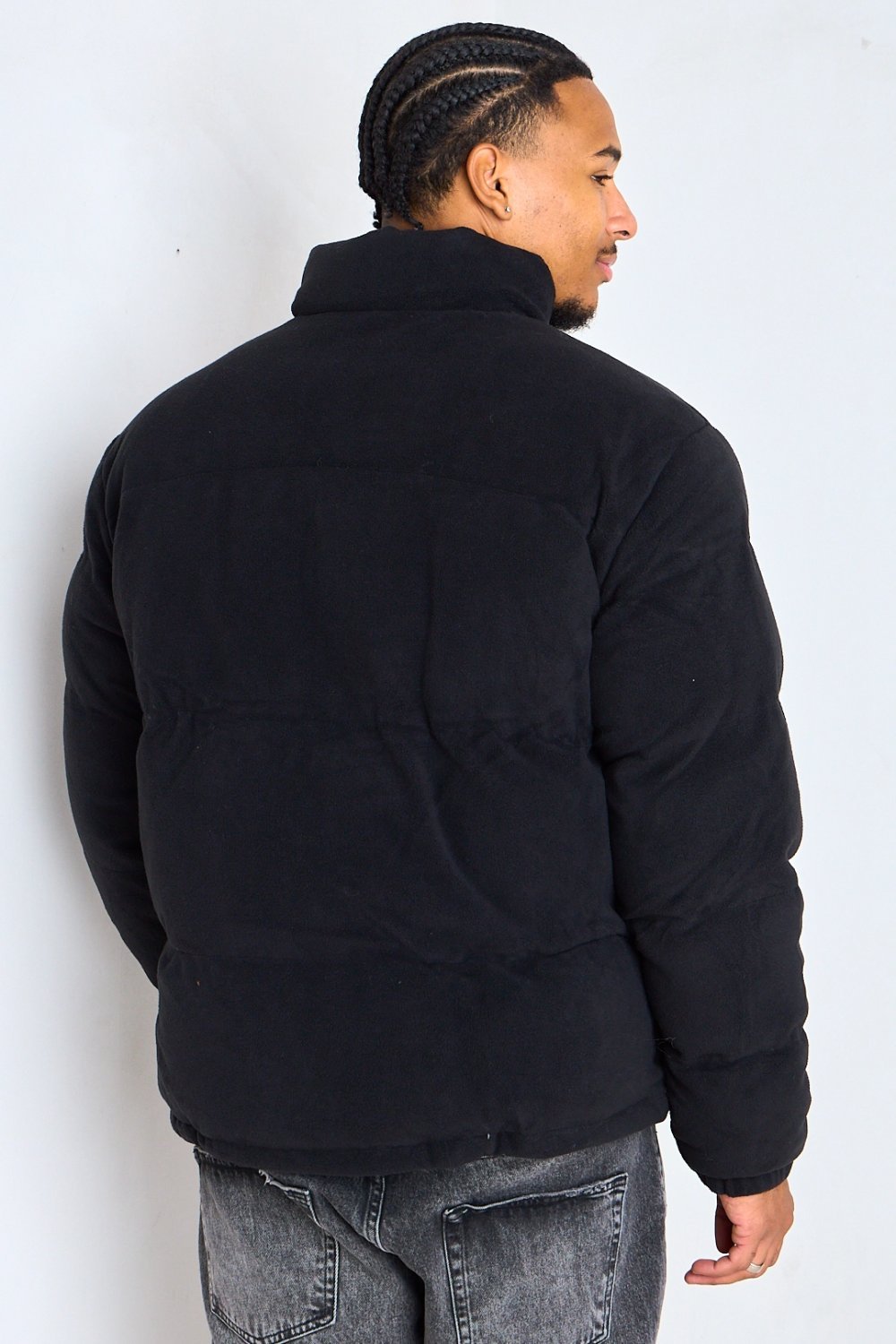 Black lightweight puffer jacket with high neck