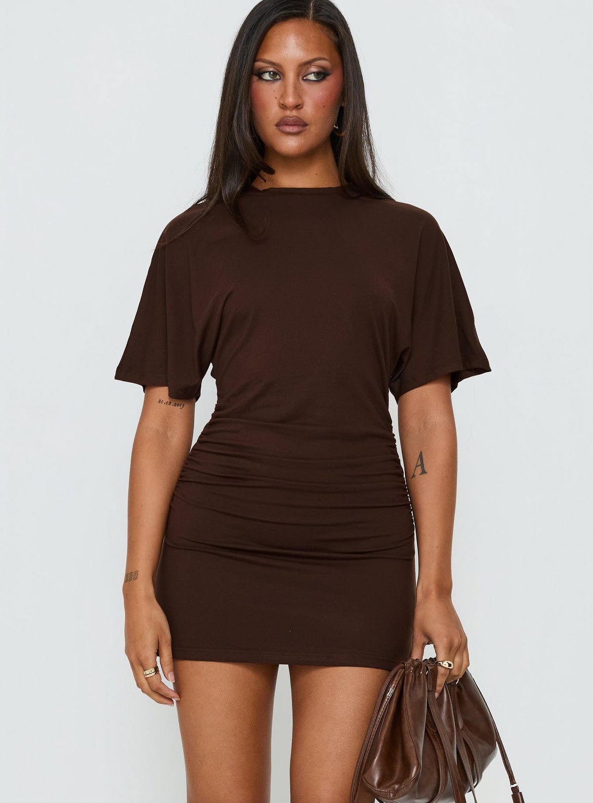 Ruched shirt mini dress with cap sleeves