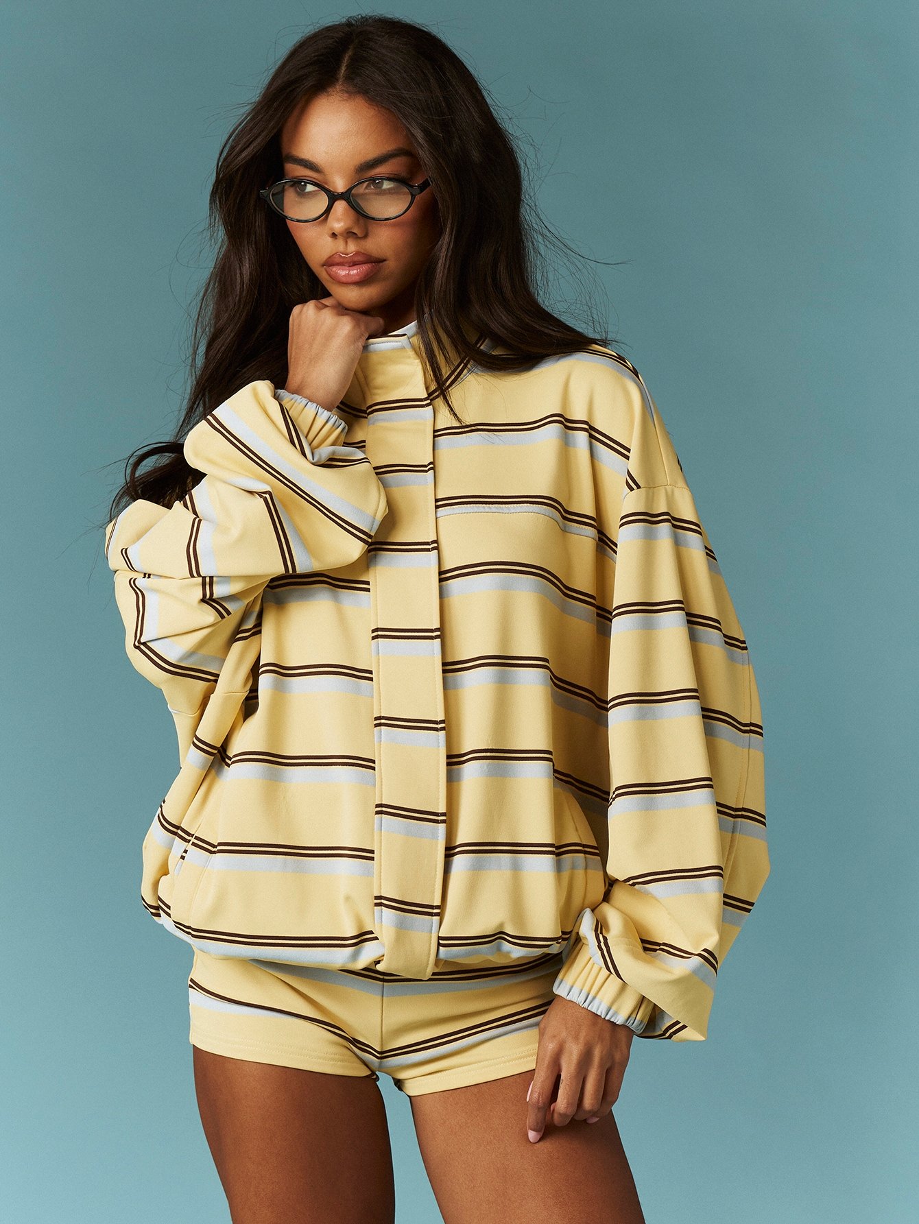 Striped zip-up hoodie and shorts set