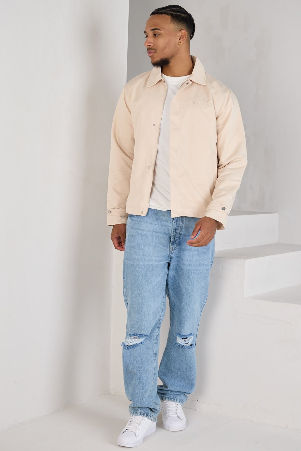 Beige zip and button jacket with lapel collar